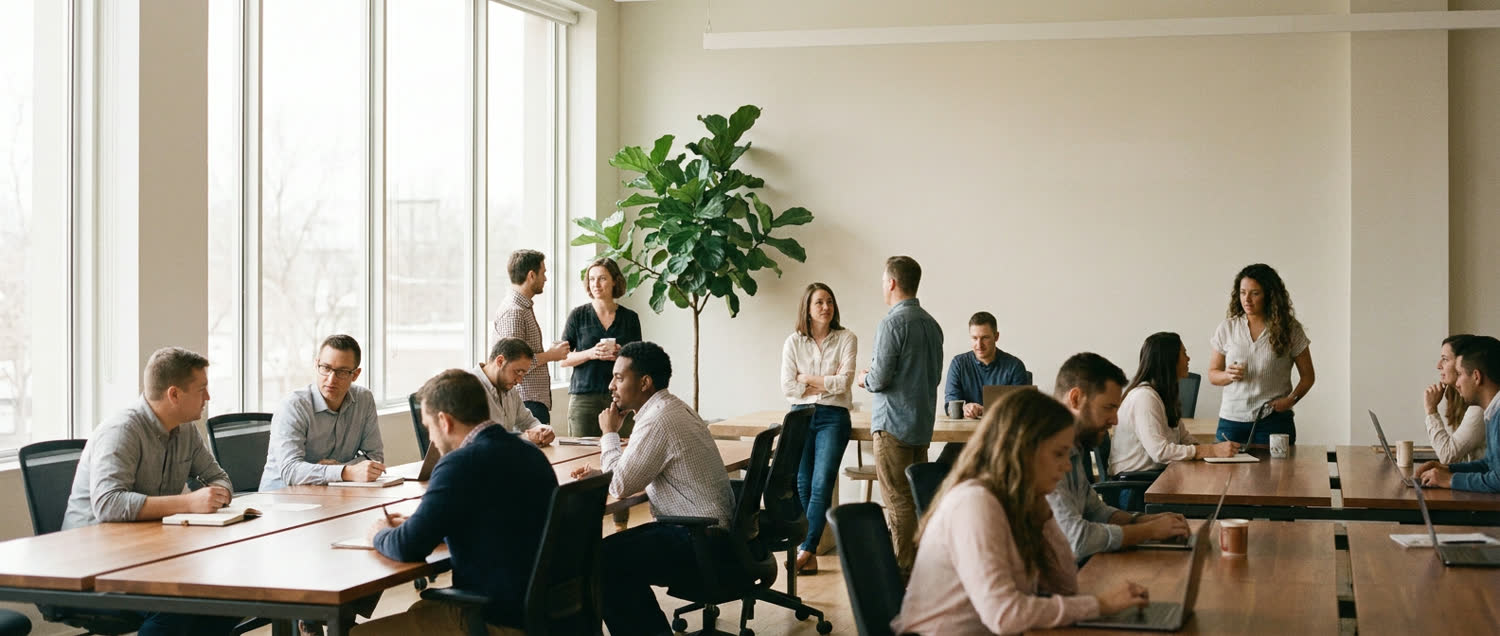 Colleagues working and talking together across a bright open-plan office.