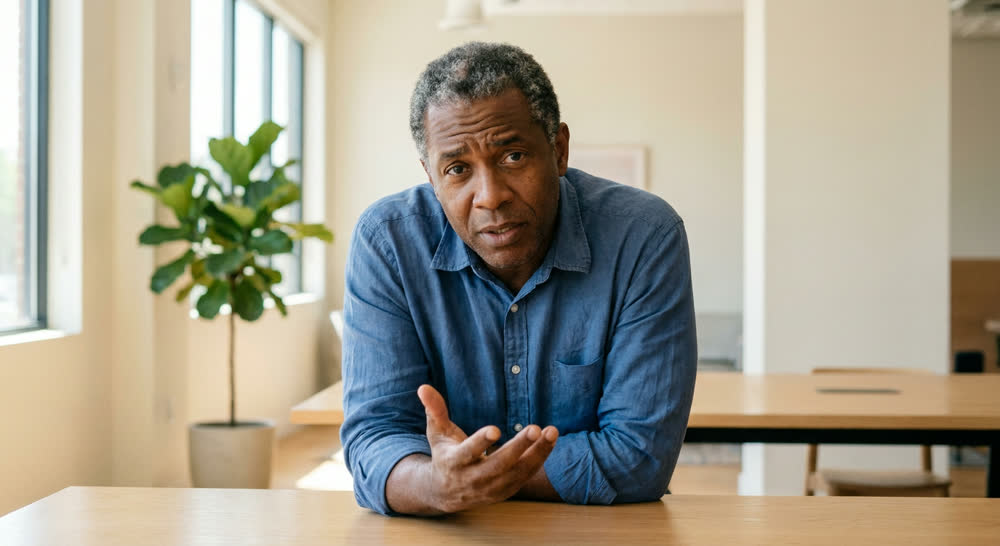 Marcus, Enterprise account · at risk. A simulation persona seated across a table, listening but unconvinced.