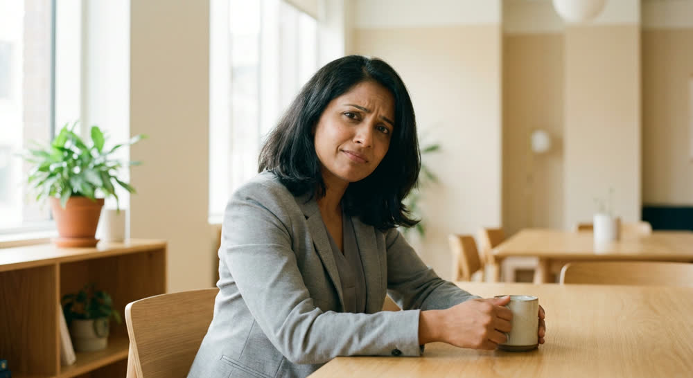 Priya, Senior analyst · 9 years. A simulation persona seated across a table, listening but unconvinced.