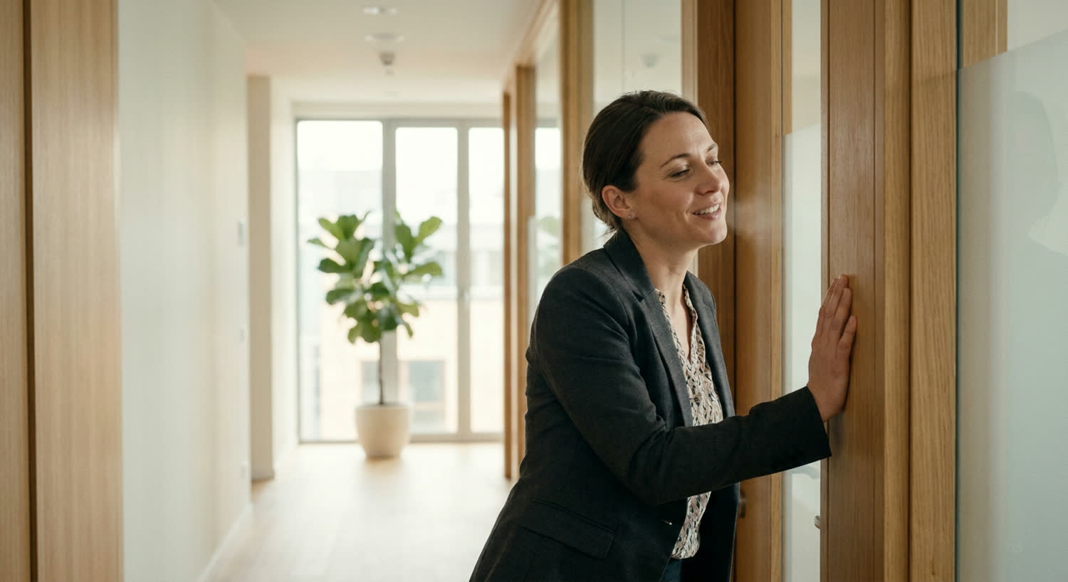 A woman in a bright office corridor exhaling with relief after a difficult conversation.
